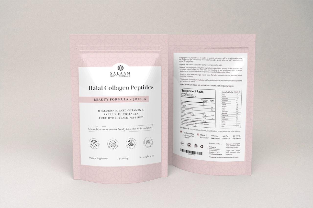 Pure Halal Collagen Hydrolyzed Peptides Type 1 & 3 Powder - With Vitamin C & Hyaluronic Acid