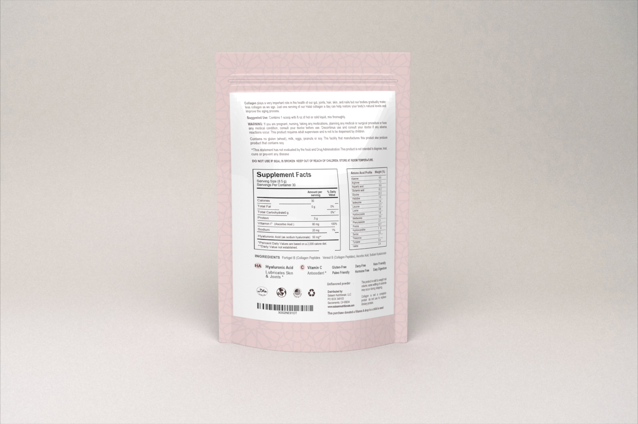 Pure Halal Collagen Hydrolyzed Peptides Type 1 & 3 Powder - With Vitamin C & Hyaluronic Acid